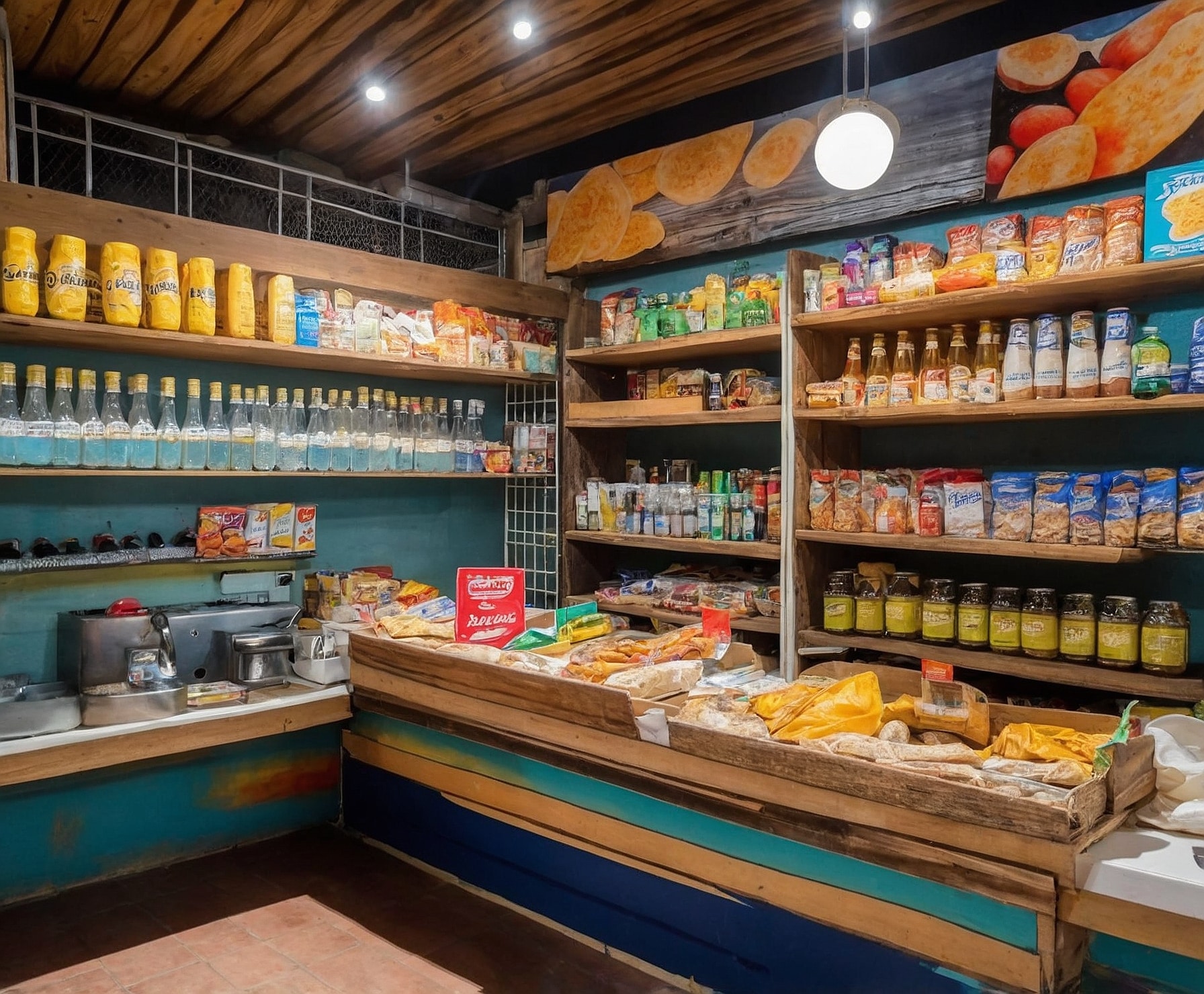 Sabores frescos y snacks playeros en supermercado costero