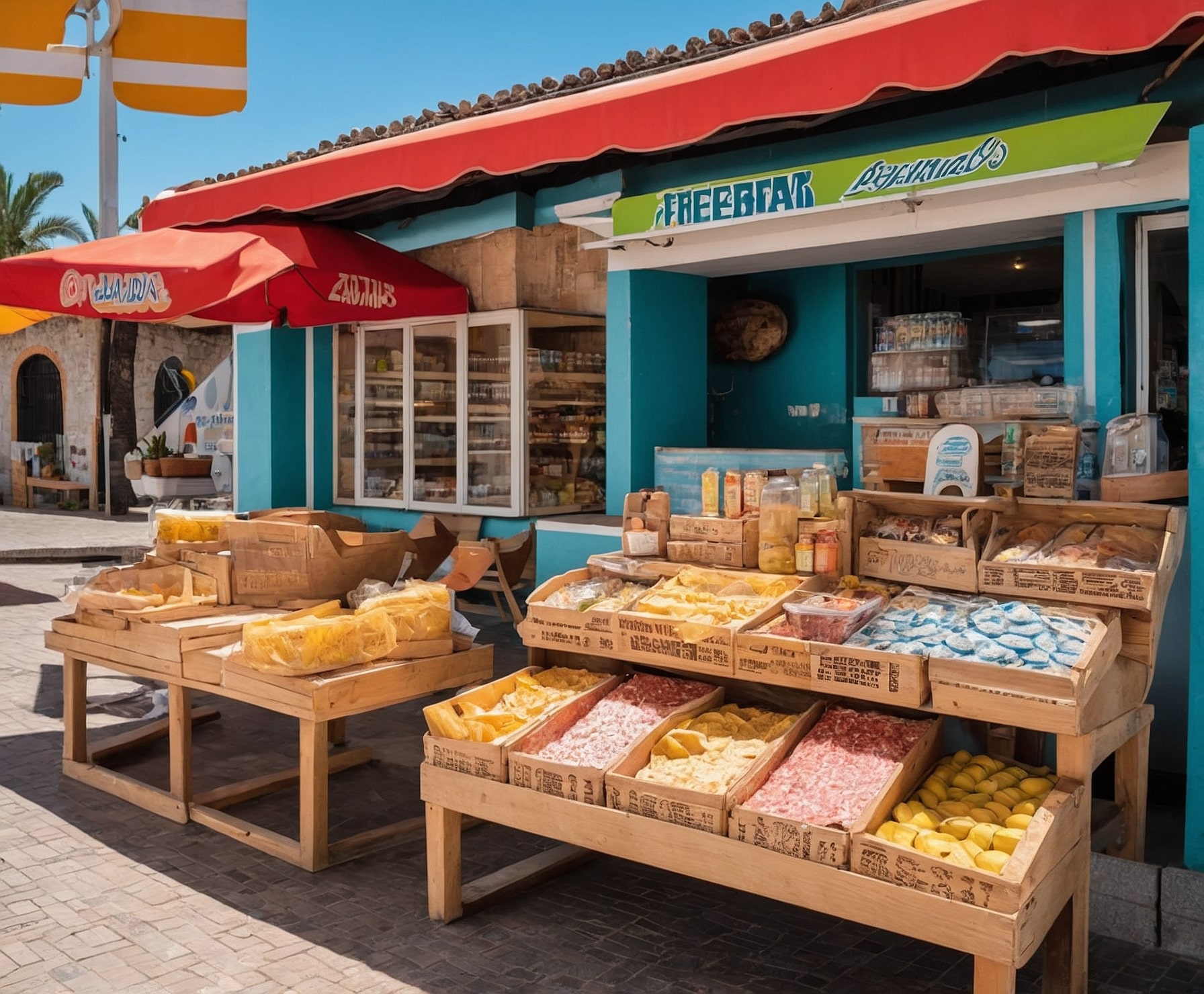 Supermercado junto a la playa con productos frescos